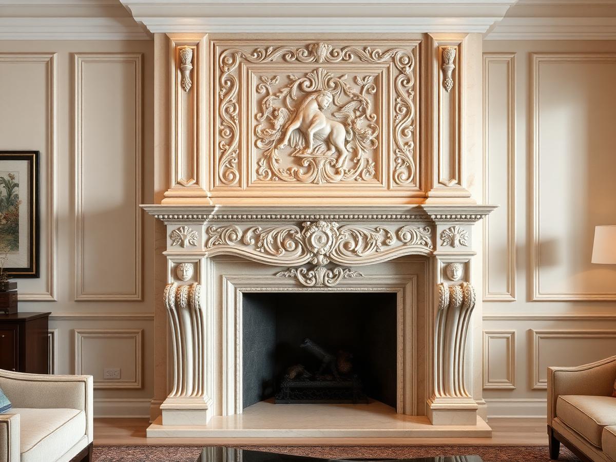 Hand-carved cast stone fireplace mantel in a luxury living room