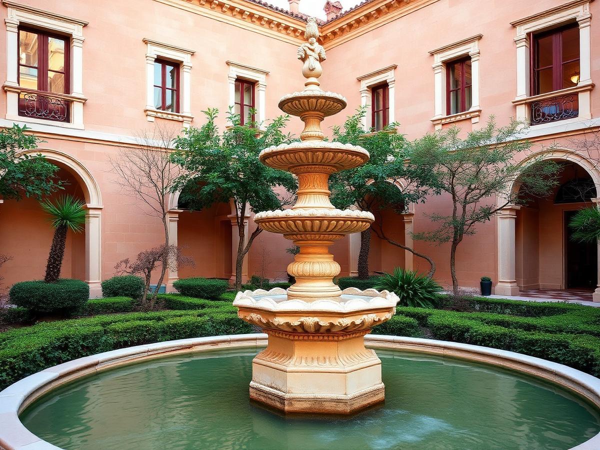 Carved cast stone tiered fountain in a courtyard garden