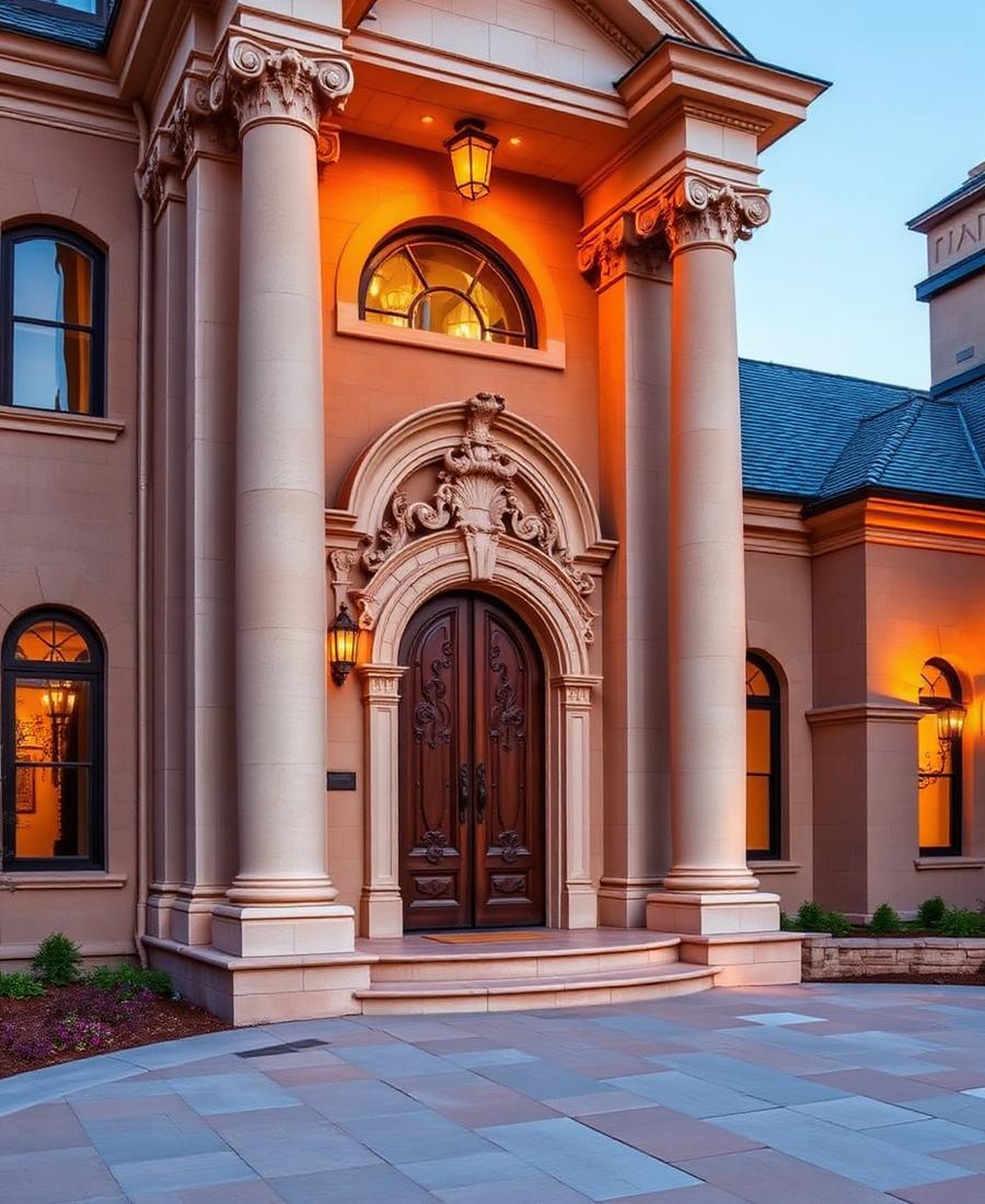 Grand cast stone entry columns and door surround