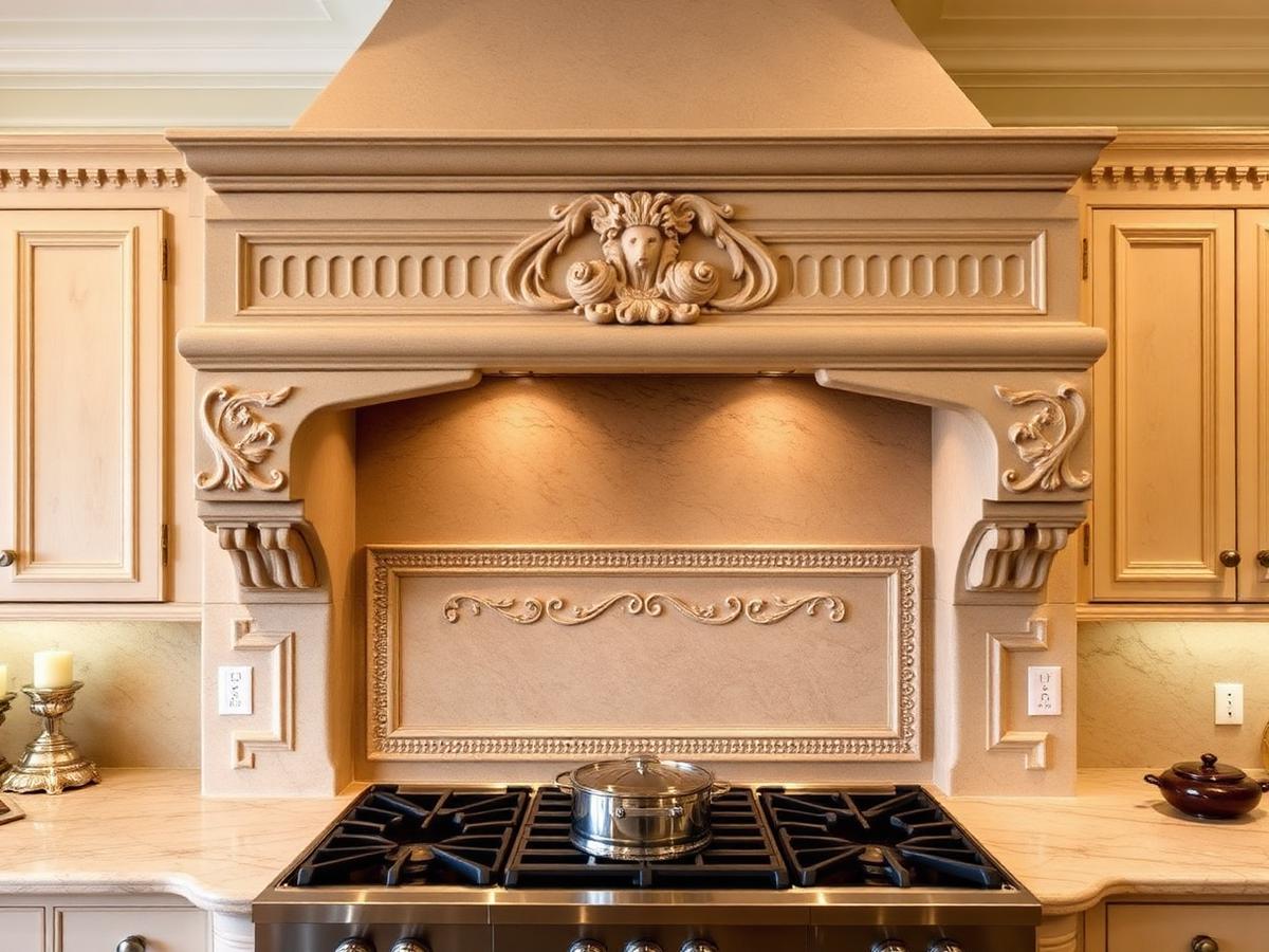 Carved cast stone kitchen range hood above a cooktop