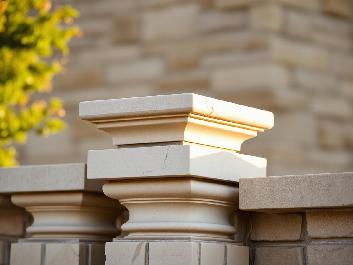 Cast stone wall caps and pilaster caps on an estate wall