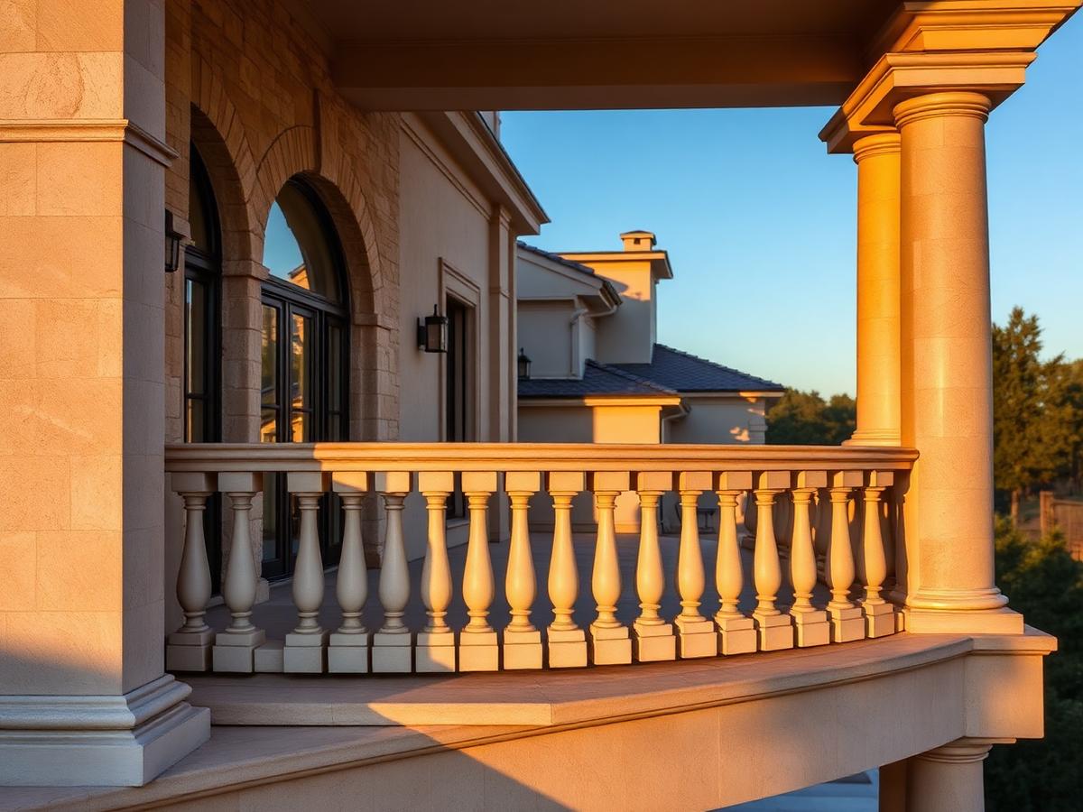 Cast stone columns and balustrade on a luxury terrace